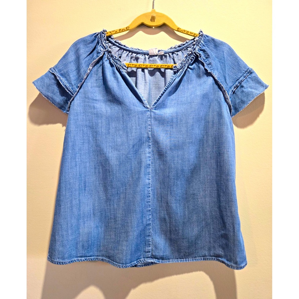 Gap Blue Chambray Denim V-Neck Raglan Short Sleeve Blouse Women's Small